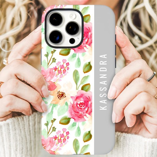 ピンクの水彩花卉植物カスタムネーム Case-Mate iPhoneケース