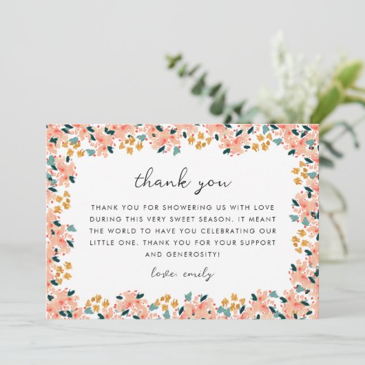 ピンクの水彩花園のベイビーシャワー サンキューカード (スタンド正面)