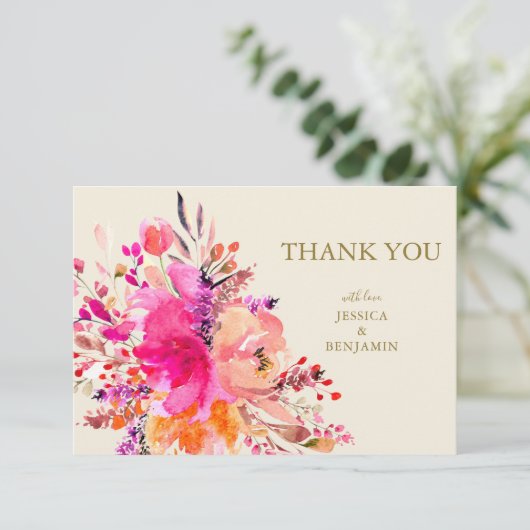 ピンクの水彩花束 オーダーメイド 結婚式 フラットデザイン サンキューカード (スタンド正面)