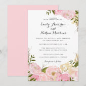 ピンクの水彩花柄のウェディング招待状 招待状 (正面/裏面)