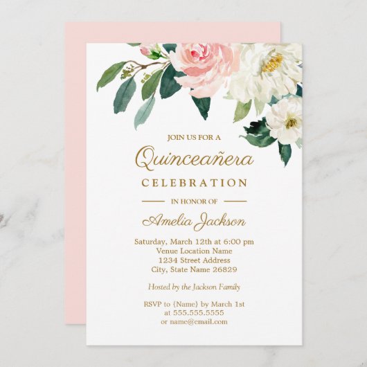 ピンクの水彩花柄のキンセアニエラ 招待状 (正面/裏面)