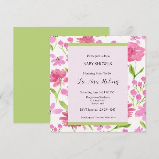 ピンクの水彩花柄のパーソナライズベビーシャワー 招待状 (正面/裏面)