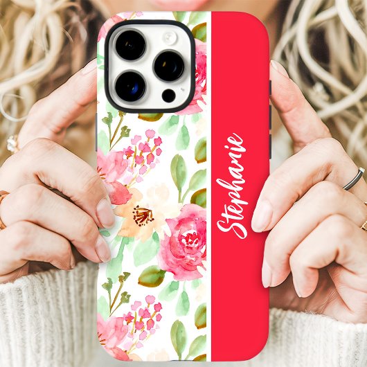 ピンクの水彩花柄オーダーネーム Case-Mate iPhoneケース