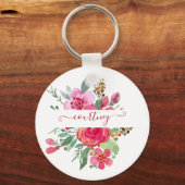 ピンクの水彩花柄オーダーメイド キーホルダー (正面)