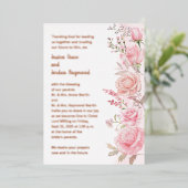 ピンクの水彩花柄ボーダー結婚式 ローズゴールド 箔招待状 (立ち正面)