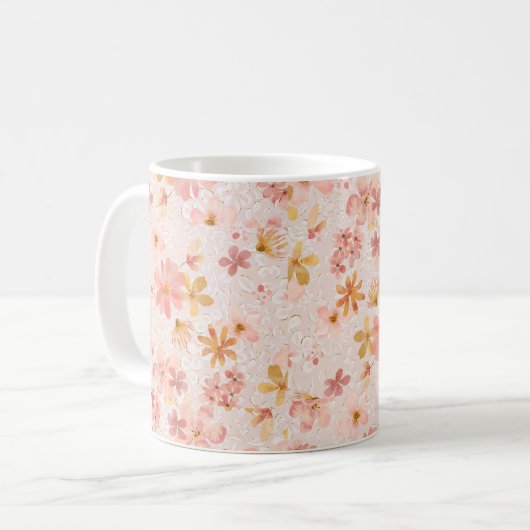 ピンクの水彩花柄 コーヒーマグカップ (正面左)