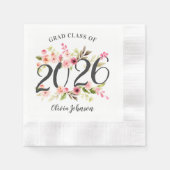 ピンクの水彩花柄 2026年卒業パーティー 縁ありカクテルナプキン (正面)