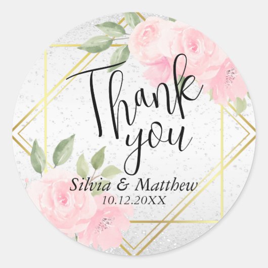 ピンクの水彩花模様とホワイトグリッター ラウンドシール (正面)