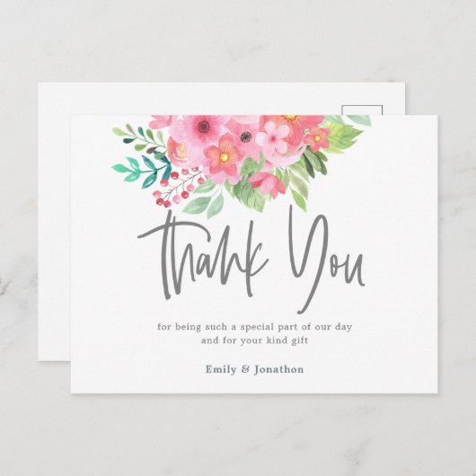 ピンクの水彩花模様リーフ書道ありがとう ポストカード (正面/裏面)