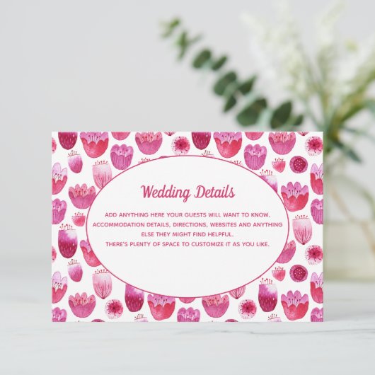 ピンクの水彩花模様結婚の詳細 エンクロージャーカード (スタンド正面)