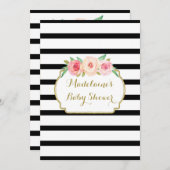 ピンクの水彩花模様 ブラックストライプ ベビーシャワー 招待状 (正面/裏面)