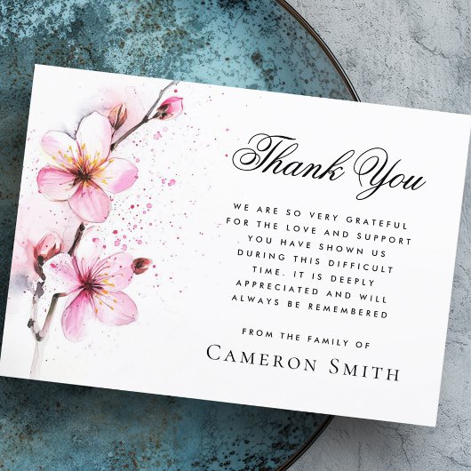 ピンクの水彩花葬儀悔やみや弔慰 サンキューカード