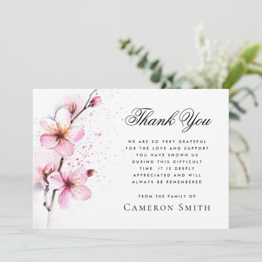ピンクの水彩花葬儀悔やみや弔慰 サンキューカード (スタンド正面)