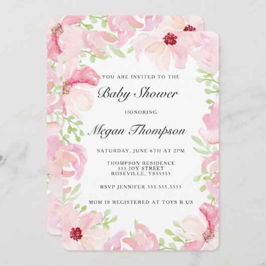 ピンクの水彩花赤ちゃんシャワー招待状 招待状 (正面/裏面)