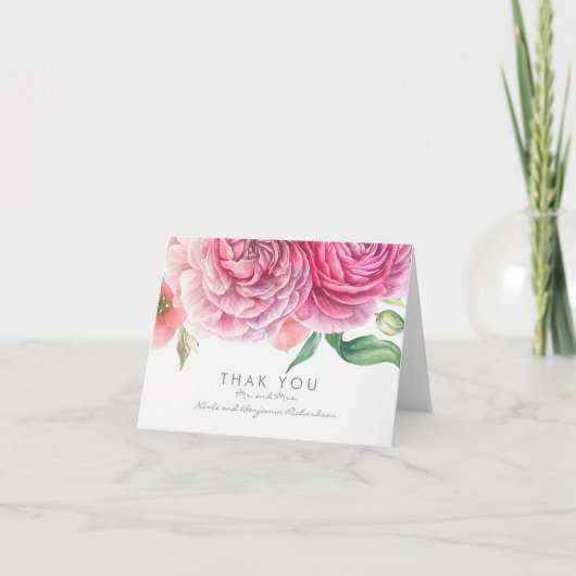 ピンクの水彩花 エレガントな結婚式のお礼 サンキューカード (正面)
