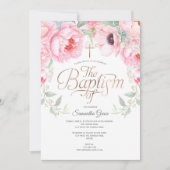 ピンクの水彩花、エレガント、女の子の洗礼 招待状 (正面)