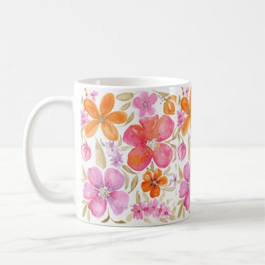 ピンクの水彩花 コーヒーマグカップ (左)