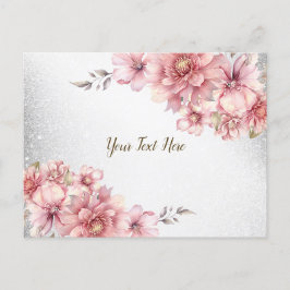 ピンクの水彩花 シャイニング グリッター モダン ポストカード