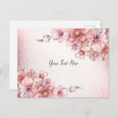 ピンクの水彩花 シャイニーグリッター モダン ポストカード (正面/裏面)