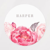 ピンクの水彩花 ラベル (デザイン1)