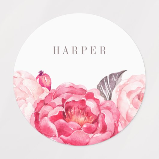 ピンクの水彩花 ラベル (デザイン1)