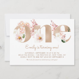 ピンクの水彩花 ローズゴールドのファーストバースデー 招待状
