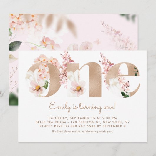 ピンクの水彩花 ローズゴールドのファーストバースデー 招待状 (正面/裏面)