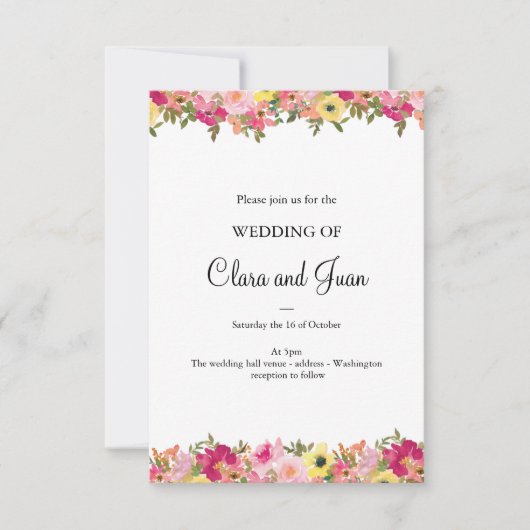 ピンクの水彩花 招待状 (正面)