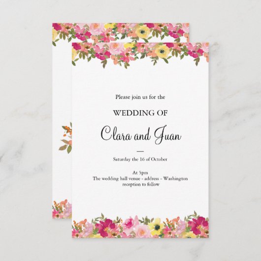 ピンクの水彩花 招待状 (正面/裏面)