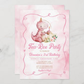 ピンクの水彩茶 – レックス恐竜1歳 招待状 (正面/裏面)