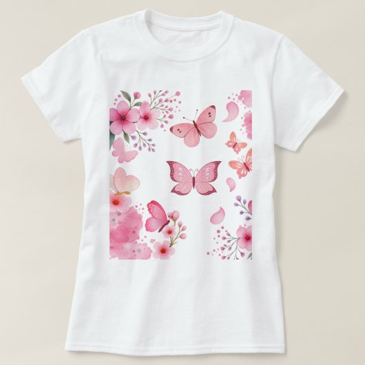 ピンクの水彩蝶と花の庭園 Tシャツ (デザイン正面)