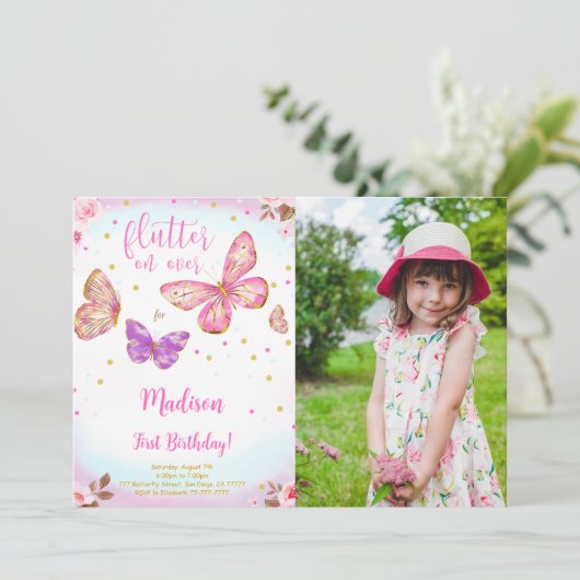 ピンクの水彩蝶の写真招待状 招待状 (スタンド正面)