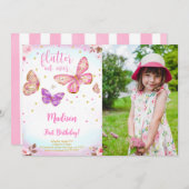 ピンクの水彩蝶の写真招待状 招待状 (正面/裏面)