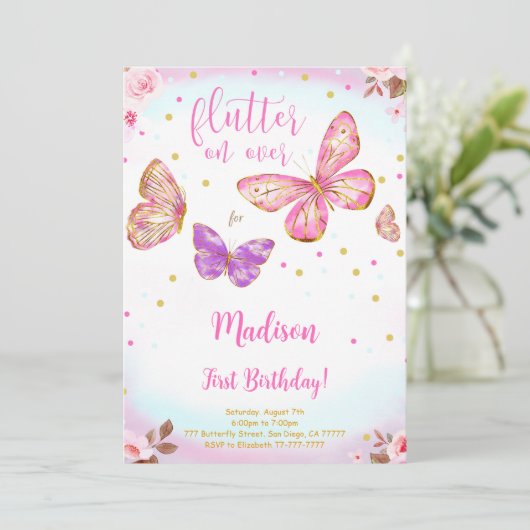 ピンクの水彩蝶の誕生日招待状 招待状 (スタンド正面)