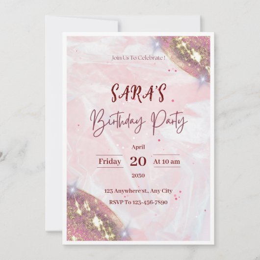 ピンクの水彩誕生日パーティーの招待 招待状 (正面)