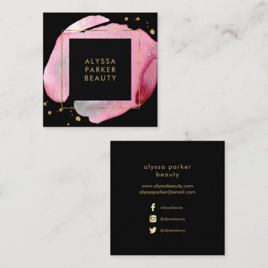 ピンクの水彩金ゴールドスプラッシュ|ブラック·ソーシャル·メディア スクエア名刺 (正面/裏面)