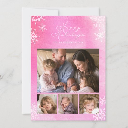 ピンクの水彩雪の結晶でハッピーホリデーズの写真 シーズンカード (正面)