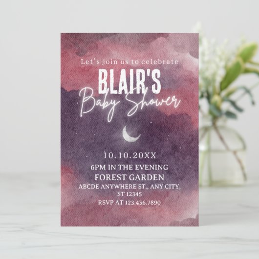 ピンクの水彩雲の空のアート赤ちゃんシャワー 招待状 (スタンド正面)