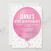 ピンクの水彩風船の誕生日パーティー 招待状 (正面)