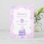ピンクの水彩 かわいい人魚の誕生日パーティー 招待状 (スタンド正面)