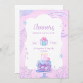 ピンクの水彩 かわいい人魚の誕生日パーティー 招待状 (正面/裏面)