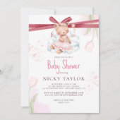 ピンクの水彩 かわいい テディベア ベビーシャワー 招待状 (正面)