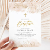ピンクの水彩 ゴールドのクロス 女の子の洗礼・ baptism 招待状