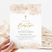 ピンクの水彩 ゴールドのクロス 女の子の洗礼・ baptism 招待状