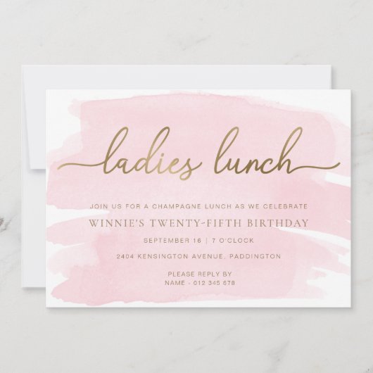 ピンクの水彩 ゴールドのレディースランチ 招待状 (正面)