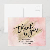 ピンクの水彩 ゴールドの筆跡 ベビーシャワー ポストカード (正面/裏面)