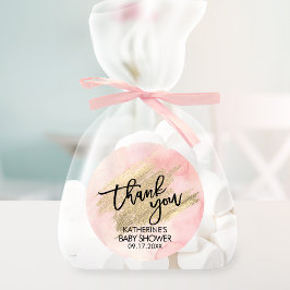 ピンクの水彩 ゴールドの筆跡 ベビーシャワー ラウンドシール