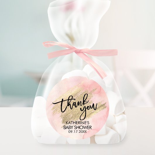 ピンクの水彩 ゴールドの筆跡 ベビーシャワー ラウンドシール