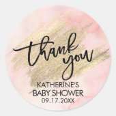 ピンクの水彩 ゴールドの筆跡 ベビーシャワー ラウンドシール (正面)