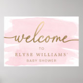 ピンクの水彩 ゴールド ウェルカム サイン ポスター (正面)